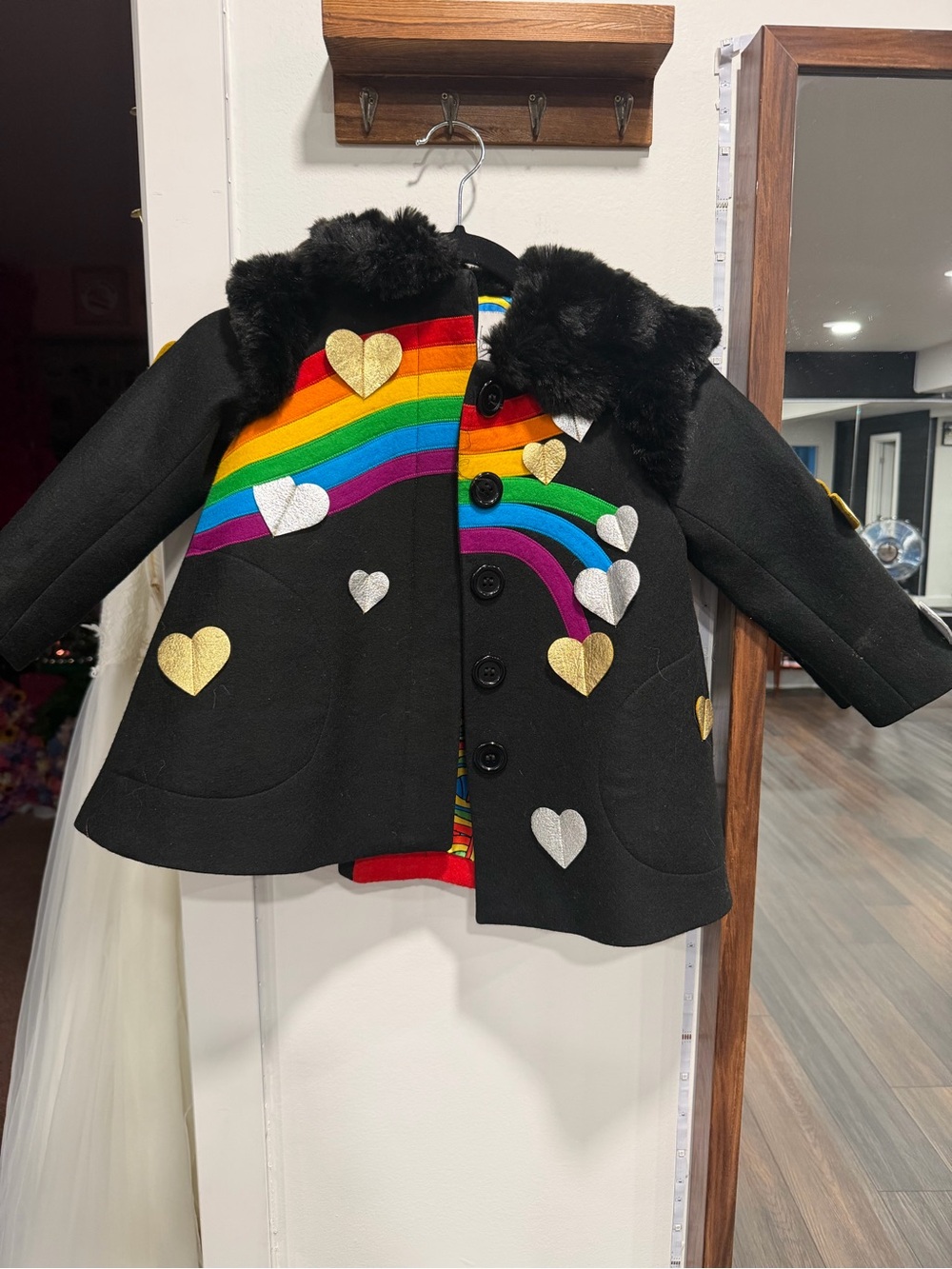 Girls Black Rainbow Heart Wool-Blend Pea Coat with Faux Fur Collar